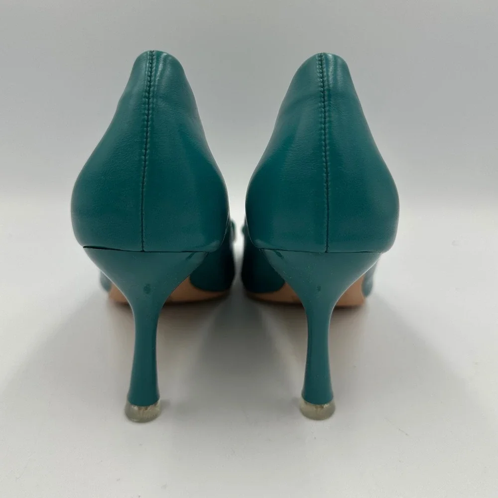 C.Paravano Peacock Blue Buckle Pumps Sz 36 / 5.5 Leather Pointed Toe Kitten Heel